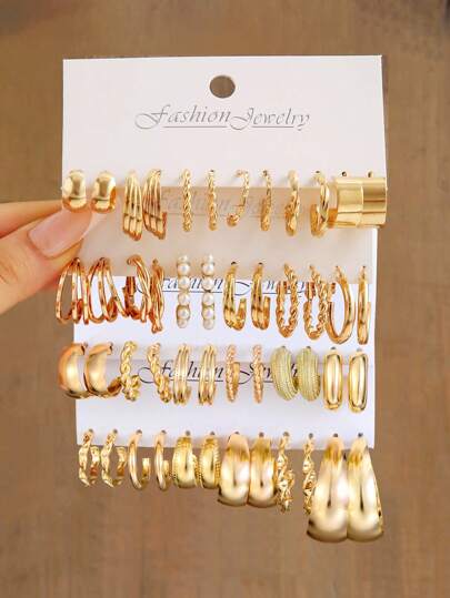 مجموعة 12 قطعة من الأقراط الهندسية البسيطة المصنوعة من اللؤلؤ الصناعي والمعدن للنساء، هدية للأعياد والمواعيد العاطفية والإرتداء اليومي