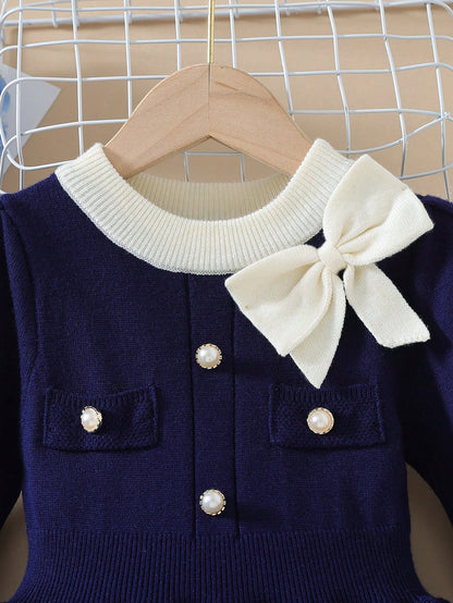 فستان بناتي محبوك بفيونكة، فستان محبوك أسلوب كوري عصري للأميرة مناسب للارتداء اليومي والخروجات