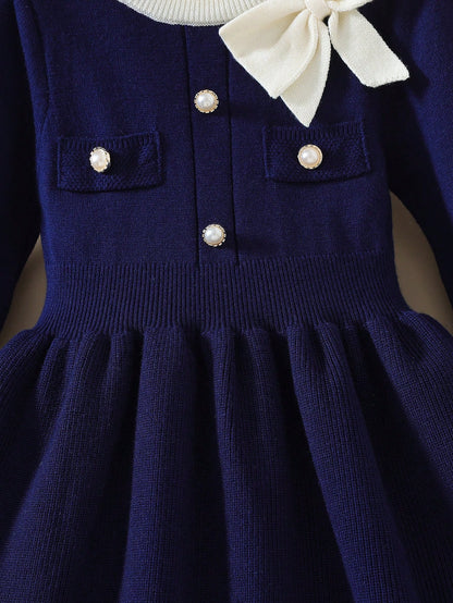 فستان بناتي محبوك بفيونكة، فستان محبوك أسلوب كوري عصري للأميرة مناسب للارتداء اليومي والخروجات