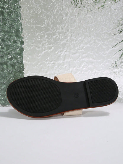 صنادل شرائح مزينة بعنصر معدني بنمط النمر للنساء، صنادل شاطئية مفتوحة الأصبع أنيقة مسطحة للصيف