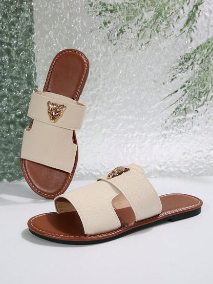 صنادل شرائح مزينة بعنصر معدني بنمط النمر للنساء، صنادل شاطئية مفتوحة الأصبع أنيقة مسطحة للصيف