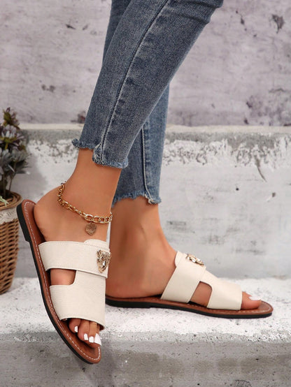 صنادل شرائح مزينة بعنصر معدني بنمط النمر للنساء، صنادل شاطئية مفتوحة الأصبع أنيقة مسطحة للصيف