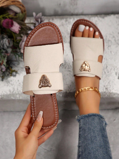 صنادل شرائح مزينة بعنصر معدني بنمط النمر للنساء، صنادل شاطئية مفتوحة الأصبع أنيقة مسطحة للصيف