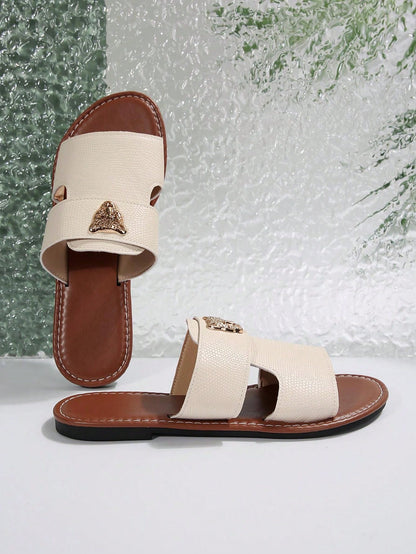 صنادل شرائح مزينة بعنصر معدني بنمط النمر للنساء، صنادل شاطئية مفتوحة الأصبع أنيقة مسطحة للصيف
