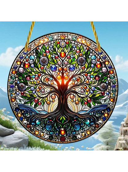 1 قطعة جدارية زجاجية ملونة مسطحة ذات أبعاد 2D بتصميم شجرة الحياة،