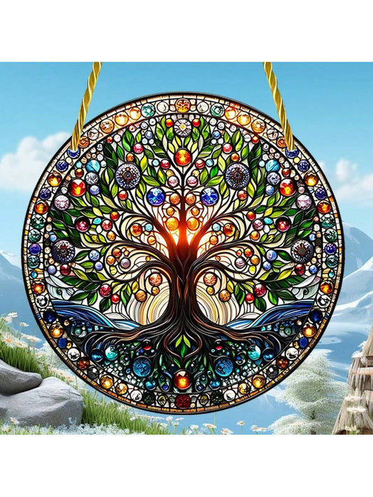 1 قطعة جدارية زجاجية ملونة مسطحة ذات أبعاد 2D بتصميم شجرة الحياة،