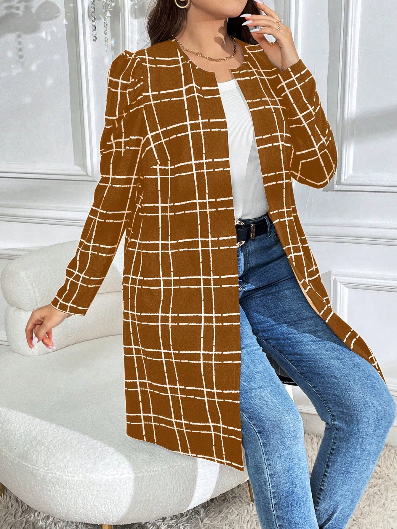 جاكيت كاجوال بأكمام طويلة بطبعة مربعات مقاس كبير