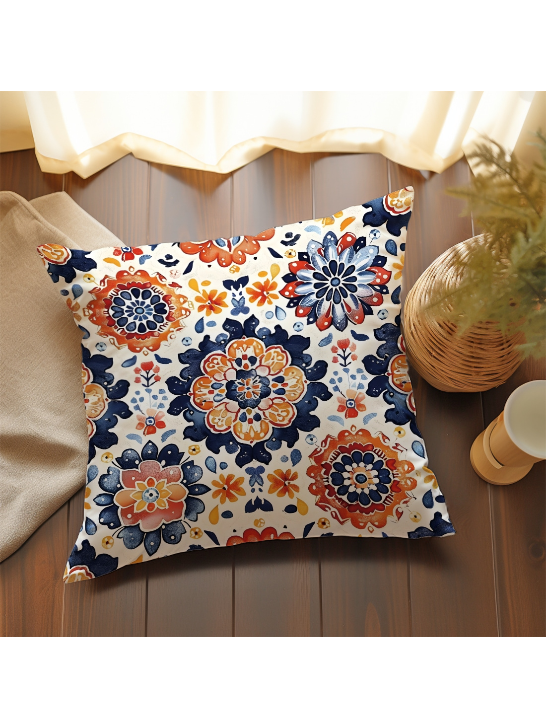 غطاء وسادة 18" * 18" بنمط التناظر المغربي البرتقالي قطعة واحدة