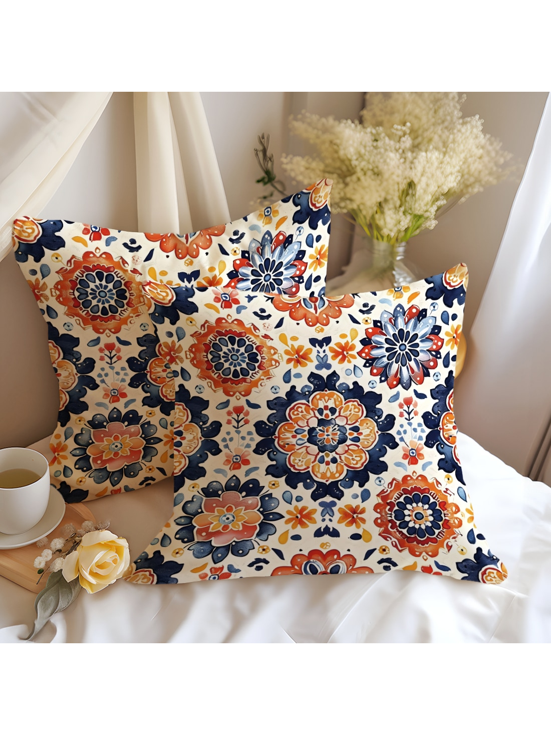 غطاء وسادة 18" * 18" بنمط التناظر المغربي البرتقالي قطعة واحدة