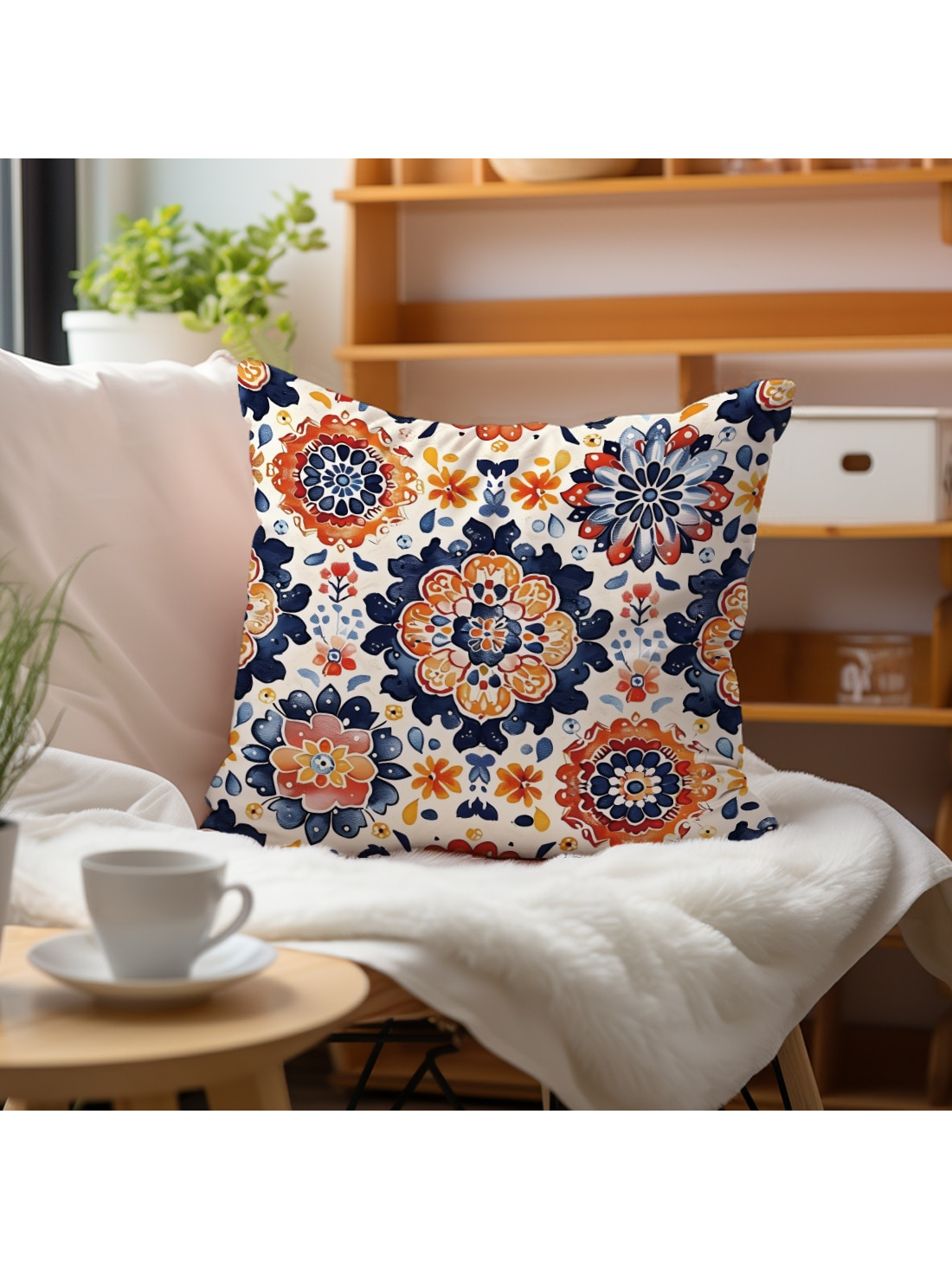 غطاء وسادة 18" * 18" بنمط التناظر المغربي البرتقالي قطعة واحدة