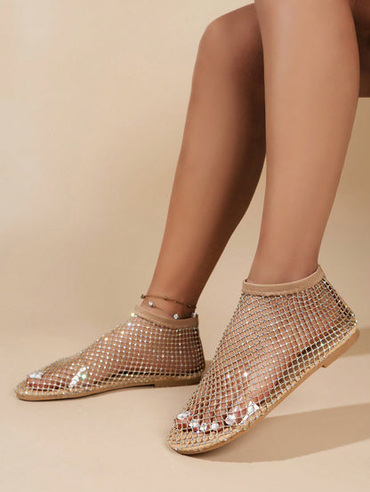صنادل نسائية مسطحة من الشبكة اللامعة المزينة بالراين،ذهبية لقضاء عطلة الصيف