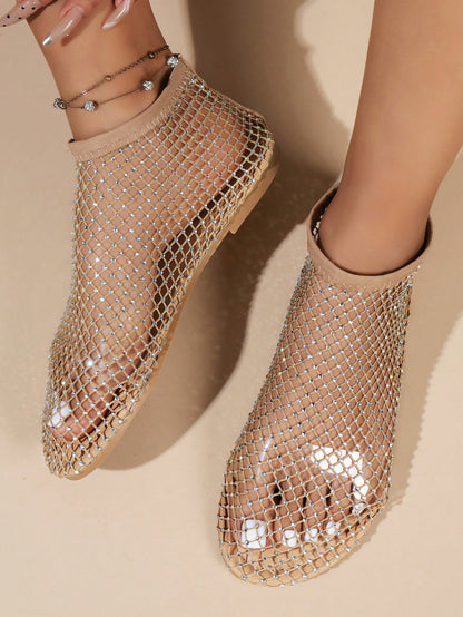 صنادل نسائية مسطحة من الشبكة اللامعة المزينة بالراين،ذهبية لقضاء عطلة الصيف