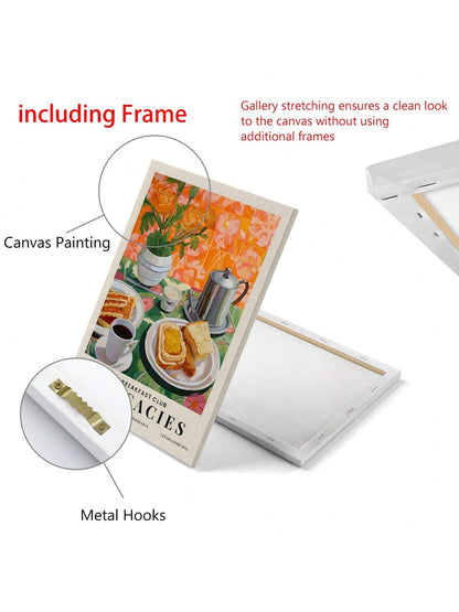 ملصق طبيعة صامتة مطبوع بالشاي والخبز لوجبة الإفطار، ملصق جداري للمطبخ، زهور، ملصقات ملونة، هدية للمحبين للطعام، ديكور ممتع، ملصقات كانفاس للمطبخ المنزلي