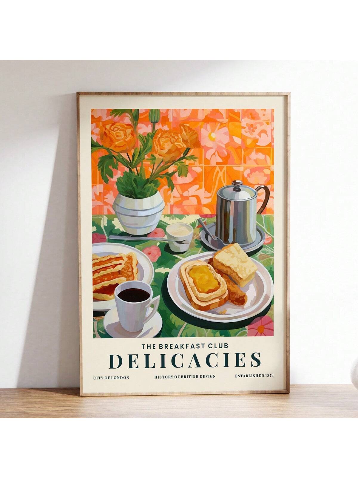 ملصق طبيعة صامتة مطبوع بالشاي والخبز لوجبة الإفطار، ملصق جداري للمطبخ، زهور، ملصقات ملونة، هدية للمحبين للطعام، ديكور ممتع، ملصقات كانفاس للمطبخ المنزلي