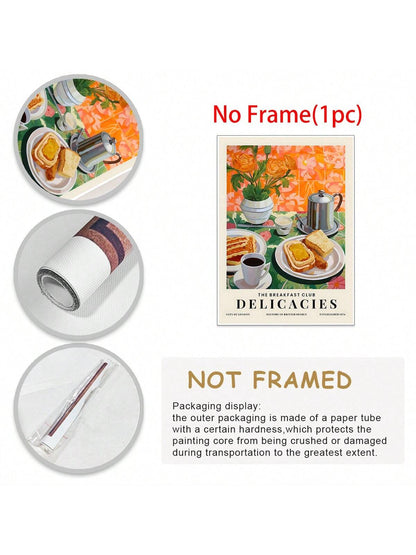 ملصق طبيعة صامتة مطبوع بالشاي والخبز لوجبة الإفطار، ملصق جداري للمطبخ، زهور، ملصقات ملونة، هدية للمحبين للطعام، ديكور ممتع، ملصقات كانفاس للمطبخ المنزلي