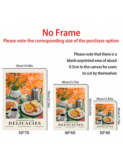 ملصق طبيعة صامتة مطبوع بالشاي والخبز لوجبة الإفطار، ملصق جداري للمطبخ، زهور، ملصقات ملونة، هدية للمحبين للطعام، ديكور ممتع، ملصقات كانفاس للمطبخ المنزلي