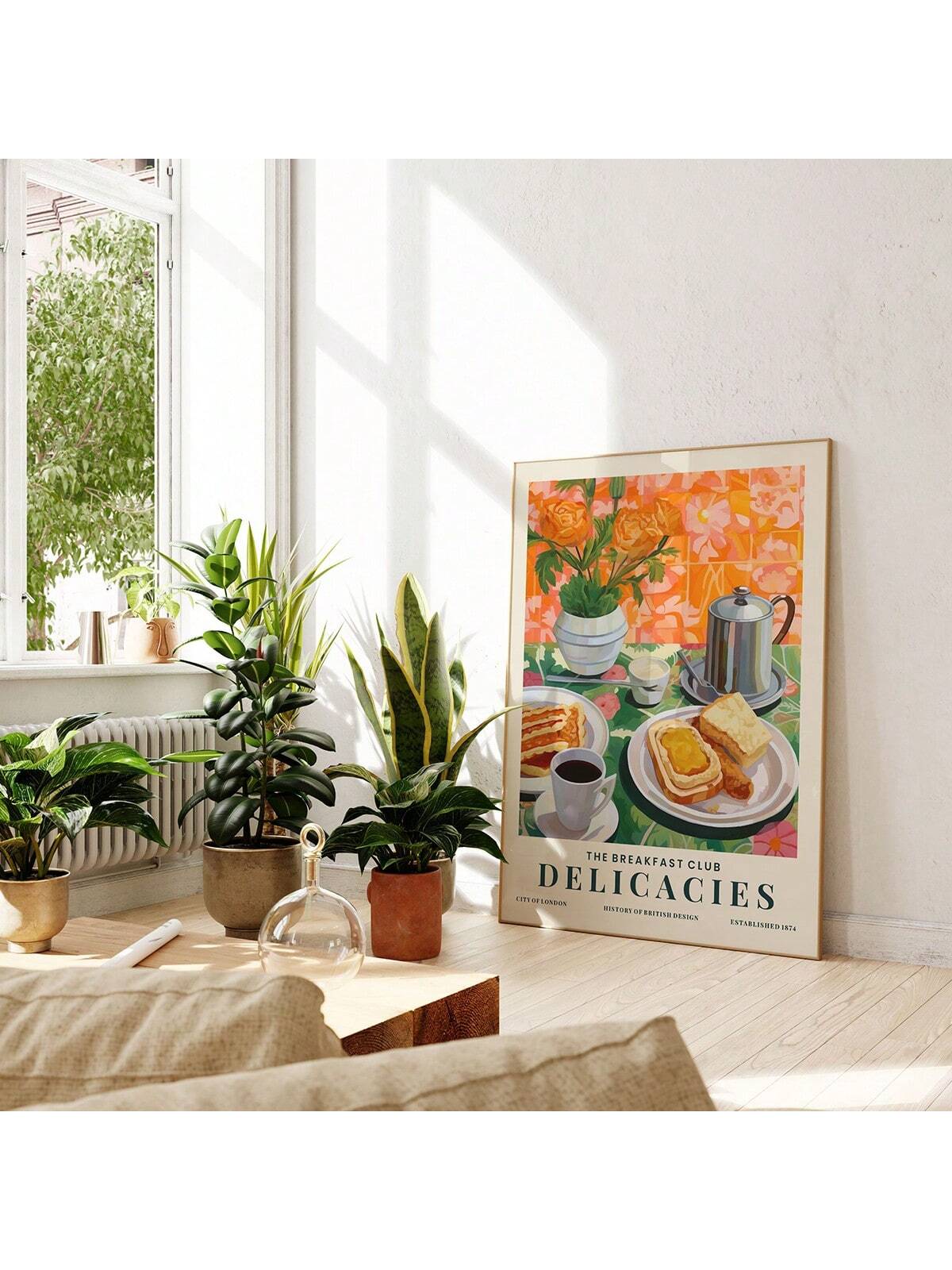 ملصق طبيعة صامتة مطبوع بالشاي والخبز لوجبة الإفطار، ملصق جداري للمطبخ، زهور، ملصقات ملونة، هدية للمحبين للطعام، ديكور ممتع، ملصقات كانفاس للمطبخ المنزلي