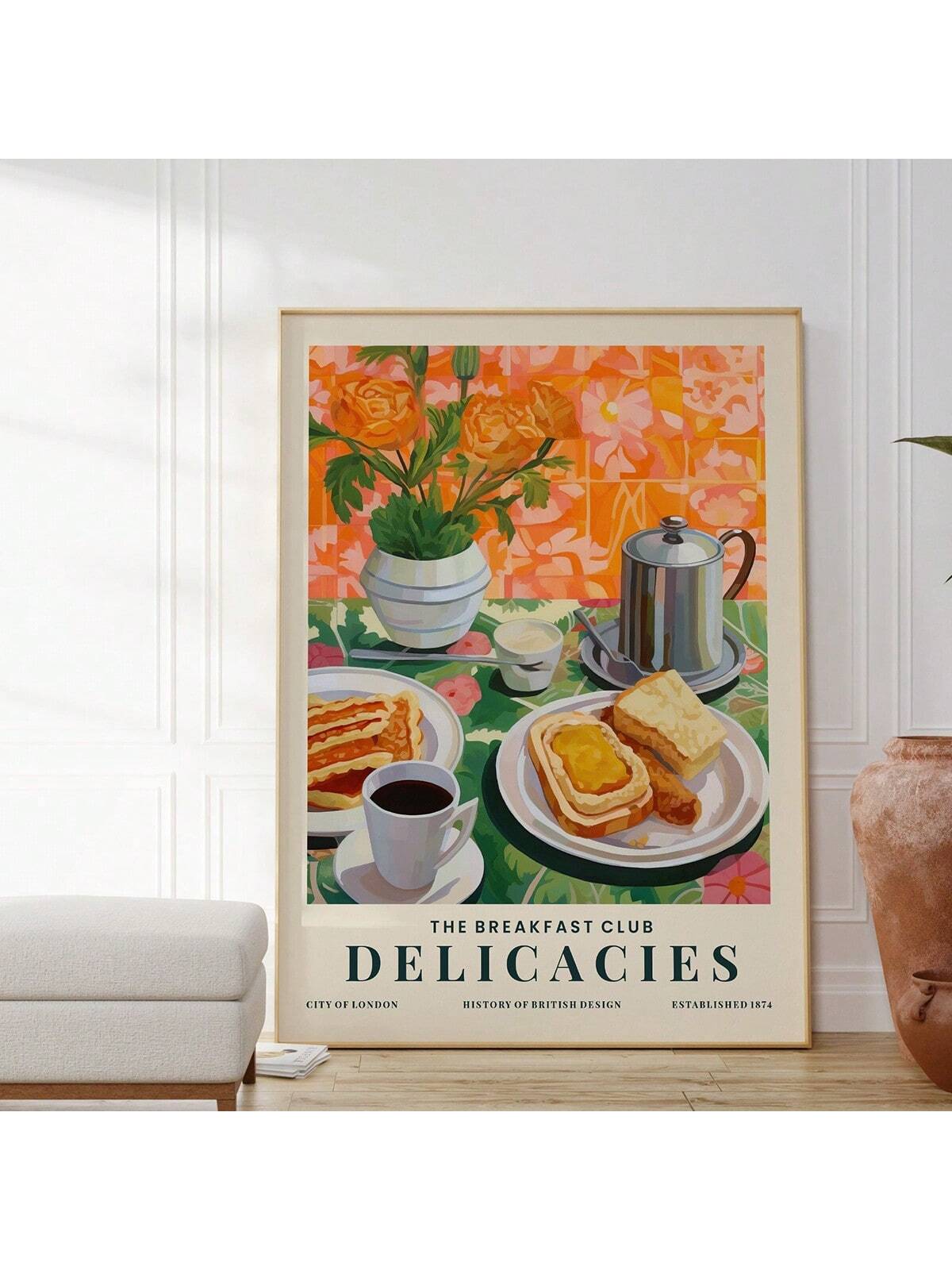 ملصق طبيعة صامتة مطبوع بالشاي والخبز لوجبة الإفطار، ملصق جداري للمطبخ، زهور، ملصقات ملونة، هدية للمحبين للطعام، ديكور ممتع، ملصقات كانفاس للمطبخ المنزلي