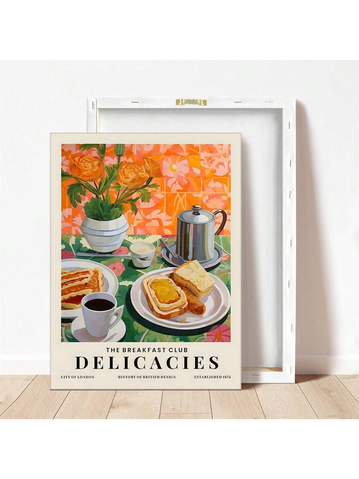 ملصق طبيعة صامتة مطبوع بالشاي والخبز لوجبة الإفطار، ملصق جداري للمطبخ، زهور، ملصقات ملونة، هدية للمحبين للطعام، ديكور ممتع، ملصقات كانفاس للمطبخ المنزلي