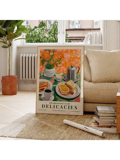 ملصق طبيعة صامتة مطبوع بالشاي والخبز لوجبة الإفطار، ملصق جداري للمطبخ، زهور، ملصقات ملونة، هدية للمحبين للطعام، ديكور ممتع، ملصقات كانفاس للمطبخ المنزلي