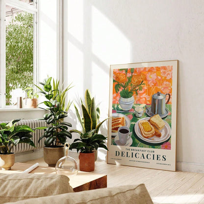 ملصق طبيعة صامتة مطبوع بالشاي والخبز لوجبة الإفطار، ملصق جداري للمطبخ، زهور، ملصقات ملونة، هدية للمحبين للطعام، ديكور ممتع، ملصقات كانفاس للمطبخ المنزلي