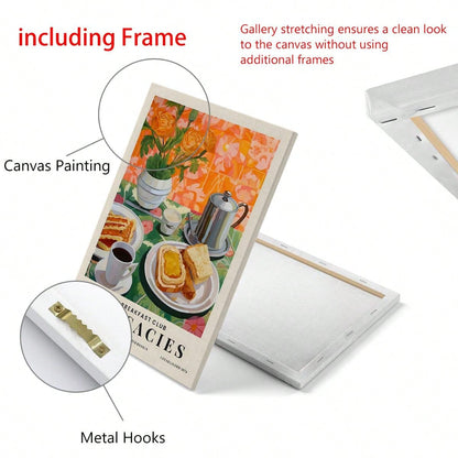 ملصق طبيعة صامتة مطبوع بالشاي والخبز لوجبة الإفطار، ملصق جداري للمطبخ، زهور، ملصقات ملونة، هدية للمحبين للطعام، ديكور ممتع، ملصقات كانفاس للمطبخ المنزلي