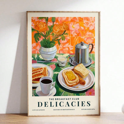 ملصق طبيعة صامتة مطبوع بالشاي والخبز لوجبة الإفطار، ملصق جداري للمطبخ، زهور، ملصقات ملونة، هدية للمحبين للطعام، ديكور ممتع، ملصقات كانفاس للمطبخ المنزلي