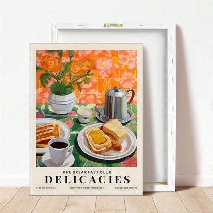 ملصق طبيعة صامتة مطبوع بالشاي والخبز لوجبة الإفطار، ملصق جداري للمطبخ، زهور، ملصقات ملونة، هدية للمحبين للطعام، ديكور ممتع، ملصقات كانفاس للمطبخ المنزلي