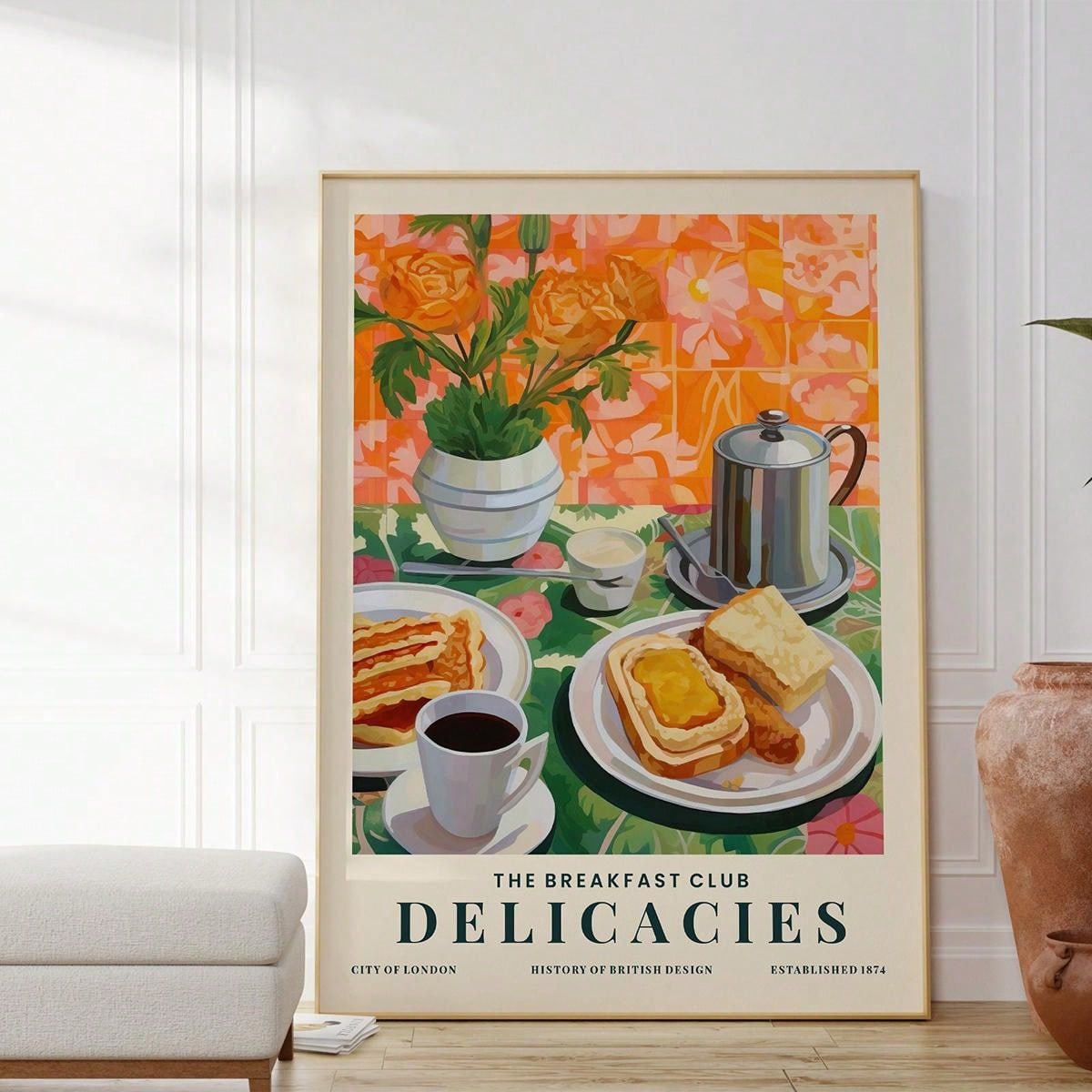 ملصق طبيعة صامتة مطبوع بالشاي والخبز لوجبة الإفطار، ملصق جداري للمطبخ، زهور، ملصقات ملونة، هدية للمحبين للطعام، ديكور ممتع، ملصقات كانفاس للمطبخ المنزلي