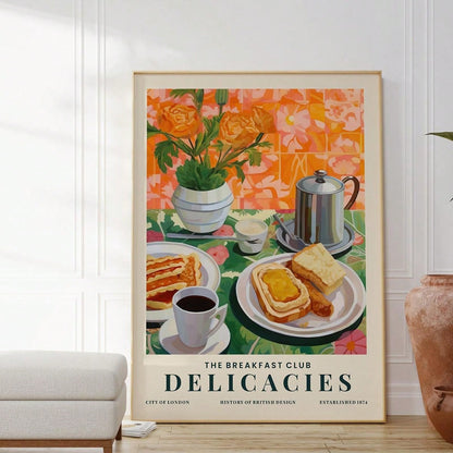 ملصق طبيعة صامتة مطبوع بالشاي والخبز لوجبة الإفطار، ملصق جداري للمطبخ، زهور، ملصقات ملونة، هدية للمحبين للطعام، ديكور ممتع، ملصقات كانفاس للمطبخ المنزلي