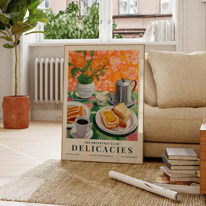 ملصق طبيعة صامتة مطبوع بالشاي والخبز لوجبة الإفطار، ملصق جداري للمطبخ، زهور، ملصقات ملونة، هدية للمحبين للطعام، ديكور ممتع، ملصقات كانفاس للمطبخ المنزلي