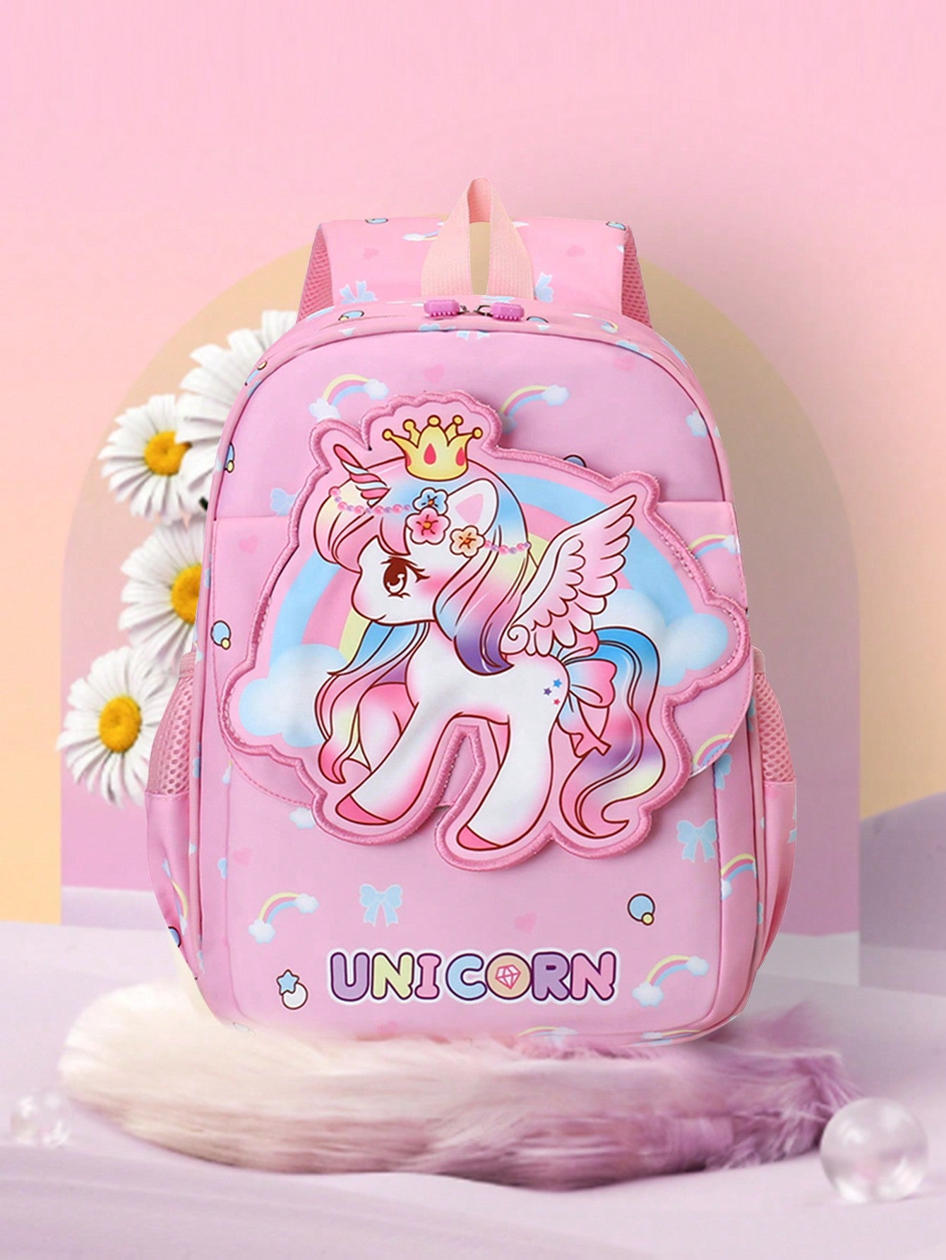 حقيبة ظهر للروضة ذات نمط حصان وردي صغير مع سوستة إغلاق قطعة واحدة للفتيات الصغيرات