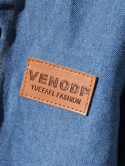 طقم بنطال خاكي وقميص كم طويل دنيم مع طباعة حرفية للأولاد الرضع الكاجوال