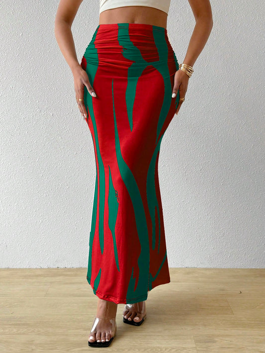 تنورة طباعة كاملة جذابة أناقة موضة رشاقة خصر عالي منسدلة للنساء