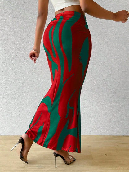 تنورة طباعة كاملة جذابة أناقة موضة رشاقة خصر عالي منسدلة للنساء