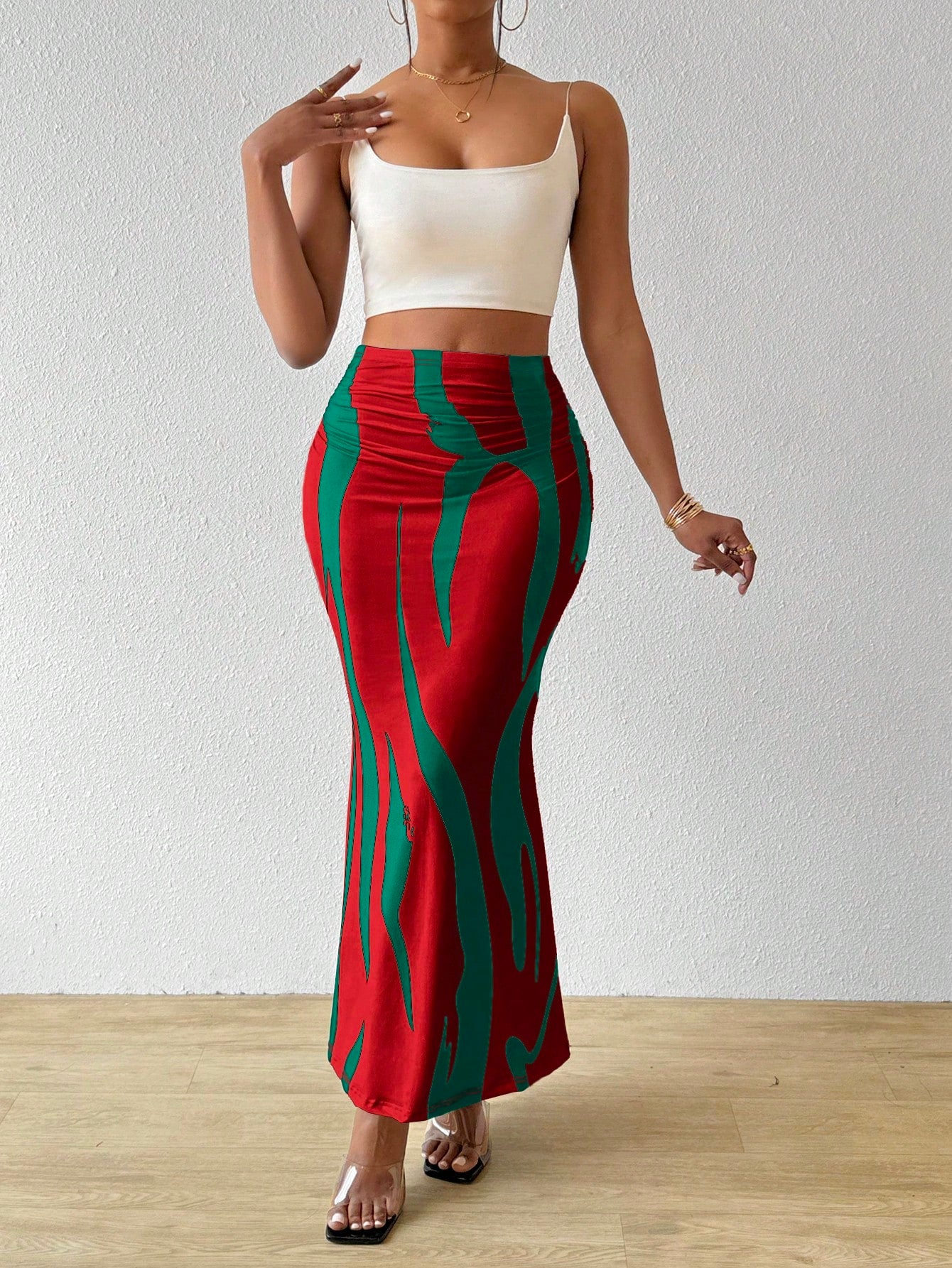 تنورة طباعة كاملة جذابة أناقة موضة رشاقة خصر عالي منسدلة للنساء