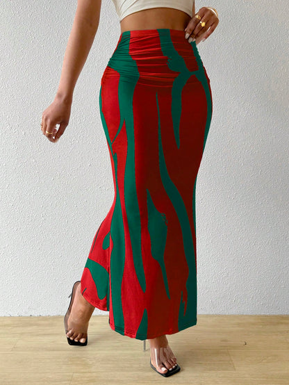 تنورة طباعة كاملة جذابة أناقة موضة رشاقة خصر عالي منسدلة للنساء