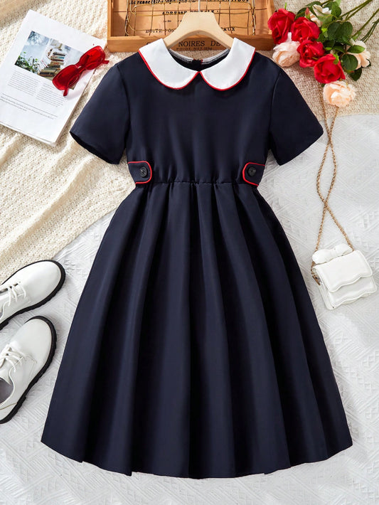 فستان صيفي أزرق داكن للفتيات المراهقات بأكمام قصيرة وياقة رسمية ولون مقسّم في الخصر