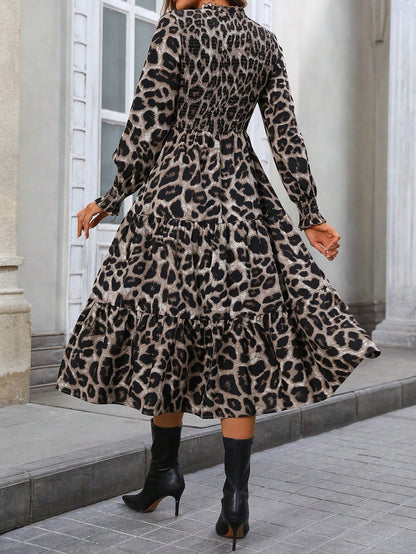 فستان نسائي أنيق كاجوال بتصميم جناح الخفاش، ذو طبقات، وطبعة الفهد، وأكمام طويلة