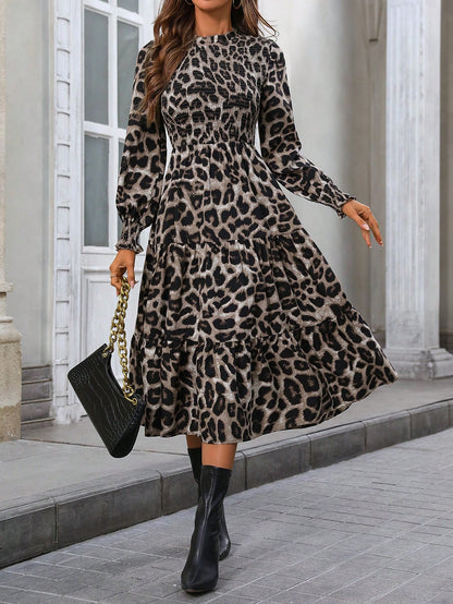 فستان نسائي أنيق كاجوال بتصميم جناح الخفاش، ذو طبقات، وطبعة الفهد، وأكمام طويلة