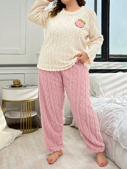 طقم كاجوال دافئ للمقاسات الكبيرة مكون من ملابس علوية مطرز مبطن بالنعومة بلون المشمش وبنطال وردي، 2 قطعة