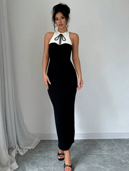 فستان السويتر المحبوك أنيق مناسب تنفيذ مربعات الألوان أبيض وأسود مع ربطة الخصر للنساء