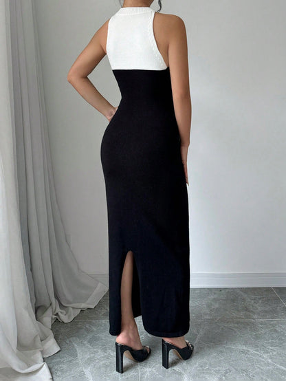 فستان السويتر المحبوك أنيق مناسب تنفيذ مربعات الألوان أبيض وأسود مع ربطة الخصر للنساء