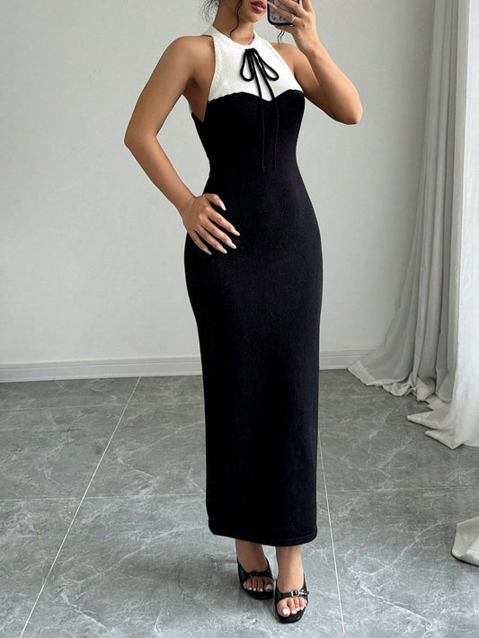 فستان السويتر المحبوك أنيق مناسب تنفيذ مربعات الألوان أبيض وأسود مع ربطة الخصر للنساء