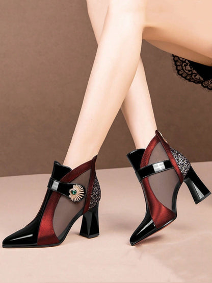 بوت كاحل بكعب عالي من الشبكة التنفسية للنساء، بوت قصيرة بكعب سميك