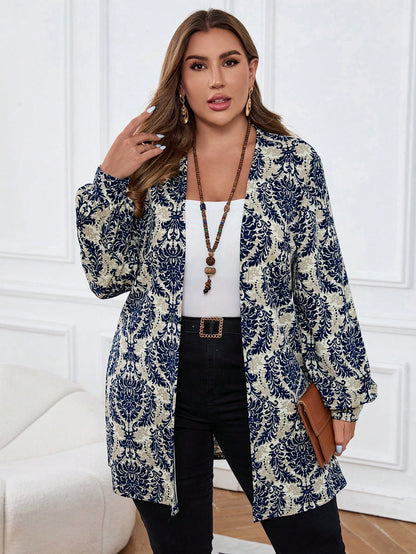 معطف كاجوال بأكمام طويلة بطباعة نباتية مقاس كبير، ملابس الخريف