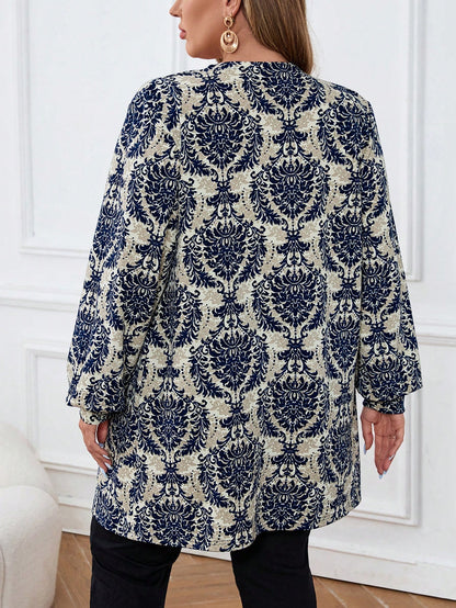 معطف كاجوال بأكمام طويلة بطباعة نباتية مقاس كبير، ملابس الخريف