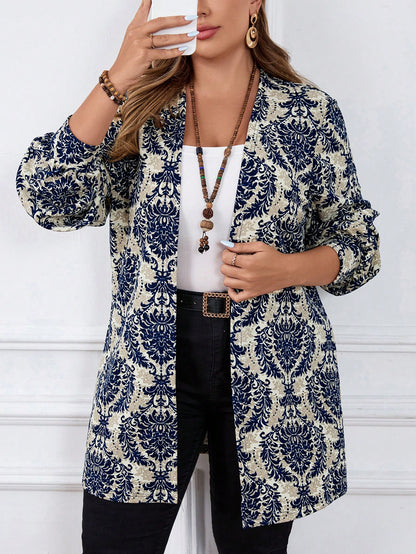 معطف كاجوال بأكمام طويلة بطباعة نباتية مقاس كبير، ملابس الخريف