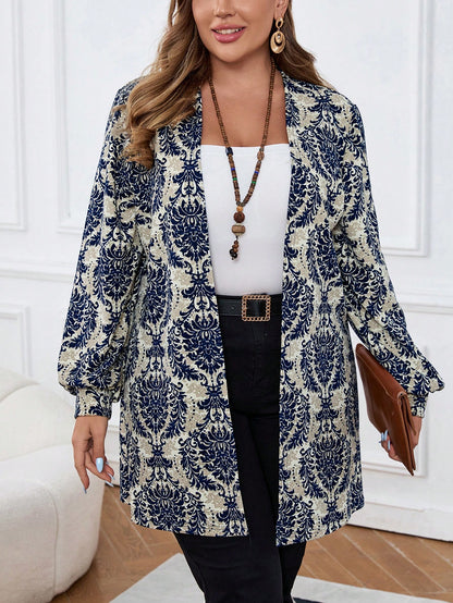 معطف كاجوال بأكمام طويلة بطباعة نباتية مقاس كبير، ملابس الخريف