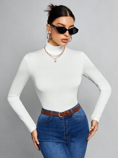 ملابس علوية أبيض عالي الياقة نحيف ذو لون أحادي مناسب للخريف والشتاء